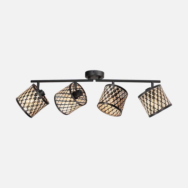 Plafonnier 4 spots bambou tressé noir et naturel, barre 73 cm | Timor