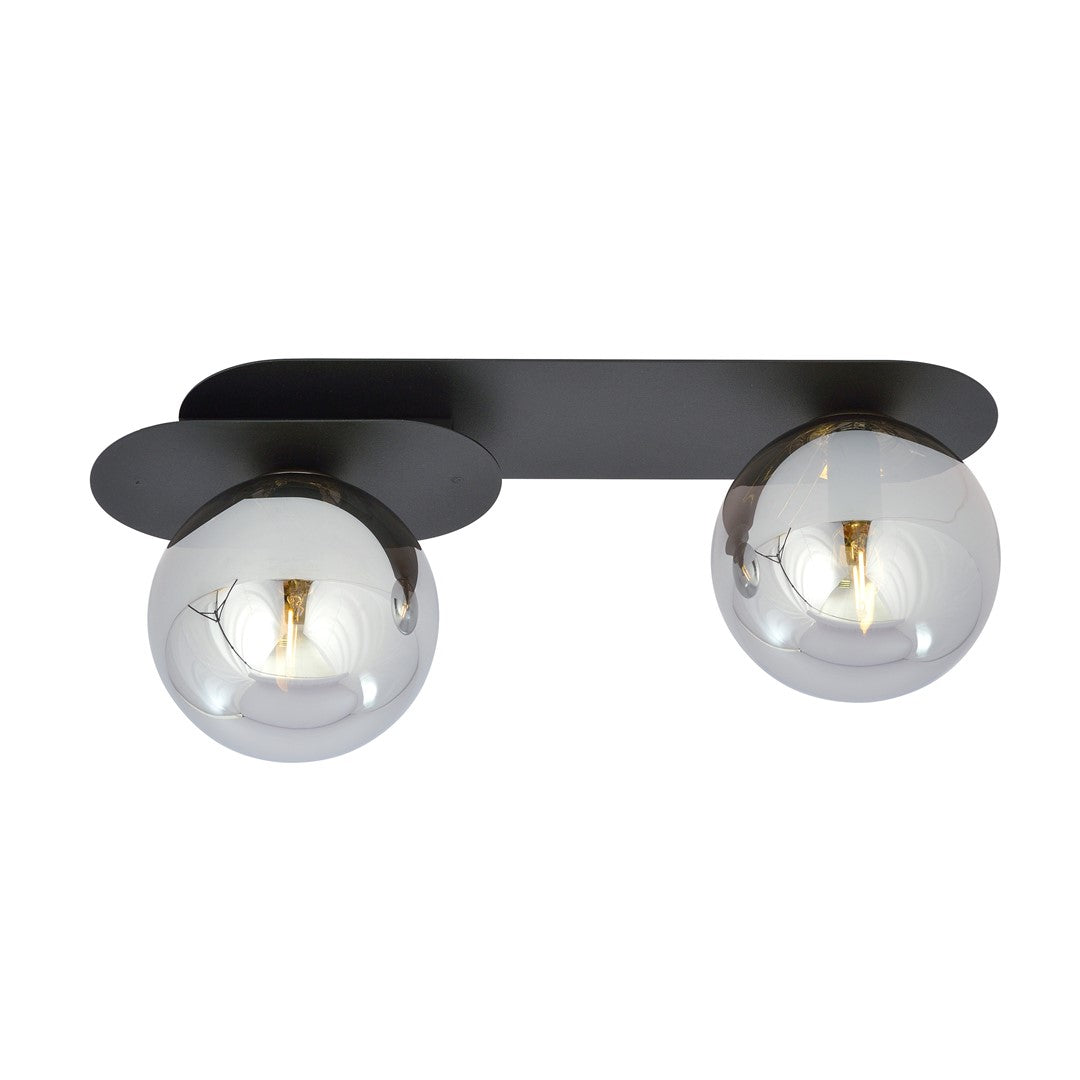 Plafonnier deux globes de verre fumé sur platine noire, vue de face sur fond blanc