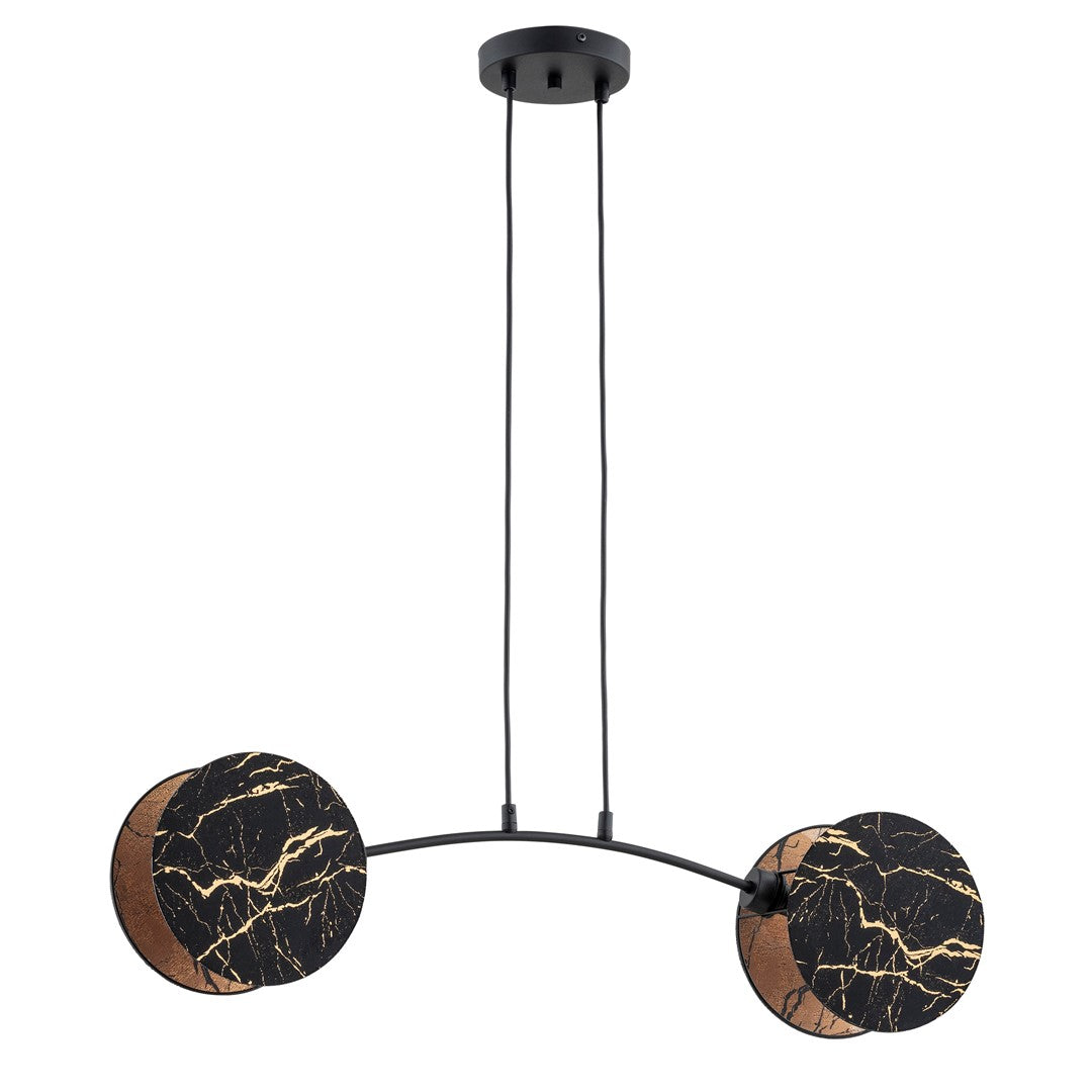 Vue de face légèrement inclinée du luminaire, détails des disques et câbles.