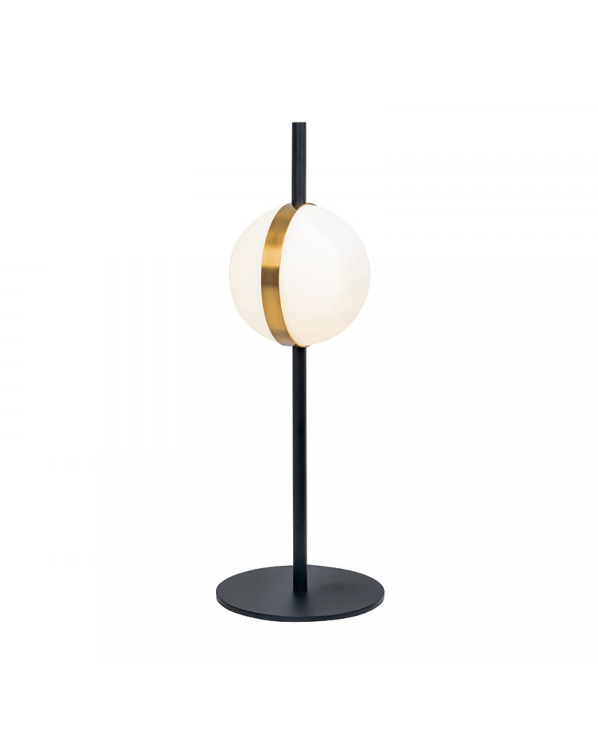 Vue de trois quarts du luminaire sur pied, abat-jour sphérique et socle circulaire noir mat.