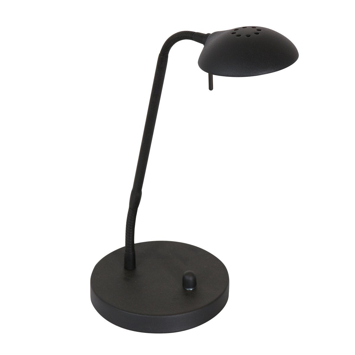 Lampe à poser noire vue de face, bras flexible et base ronde avec interrupteur