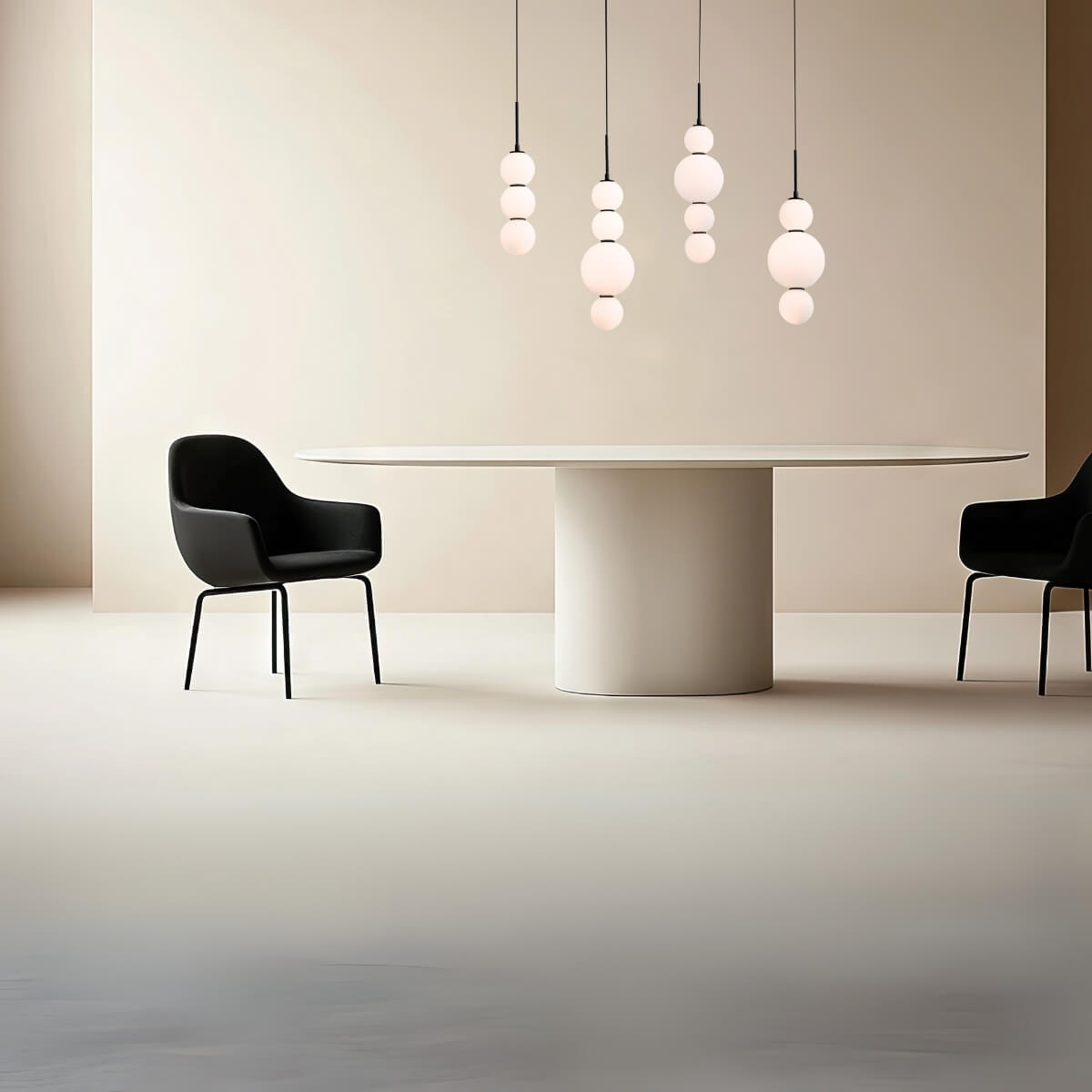 Suspension à globes opalins alignés au-dessus d'une table ronde blanche en intérieur clair