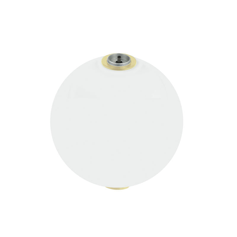 Diffuseur sphérique en verre opalin blanc avec attache métallique dorée vue de côté