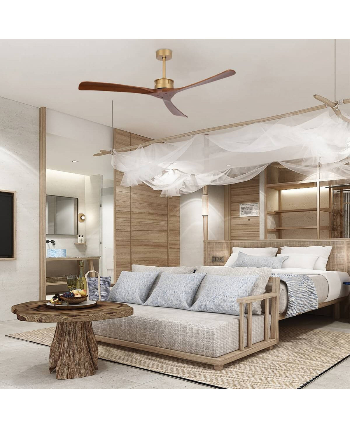 Ambiance nuit chambre zen, ventilateur trois pales suspendu au plafond blanc, linge de lit gris