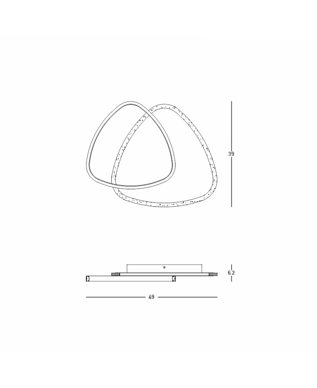Schéma technique coté du plafonnier : largeur 49 cm, profondeur 39 cm, hauteur 6,2 cm.