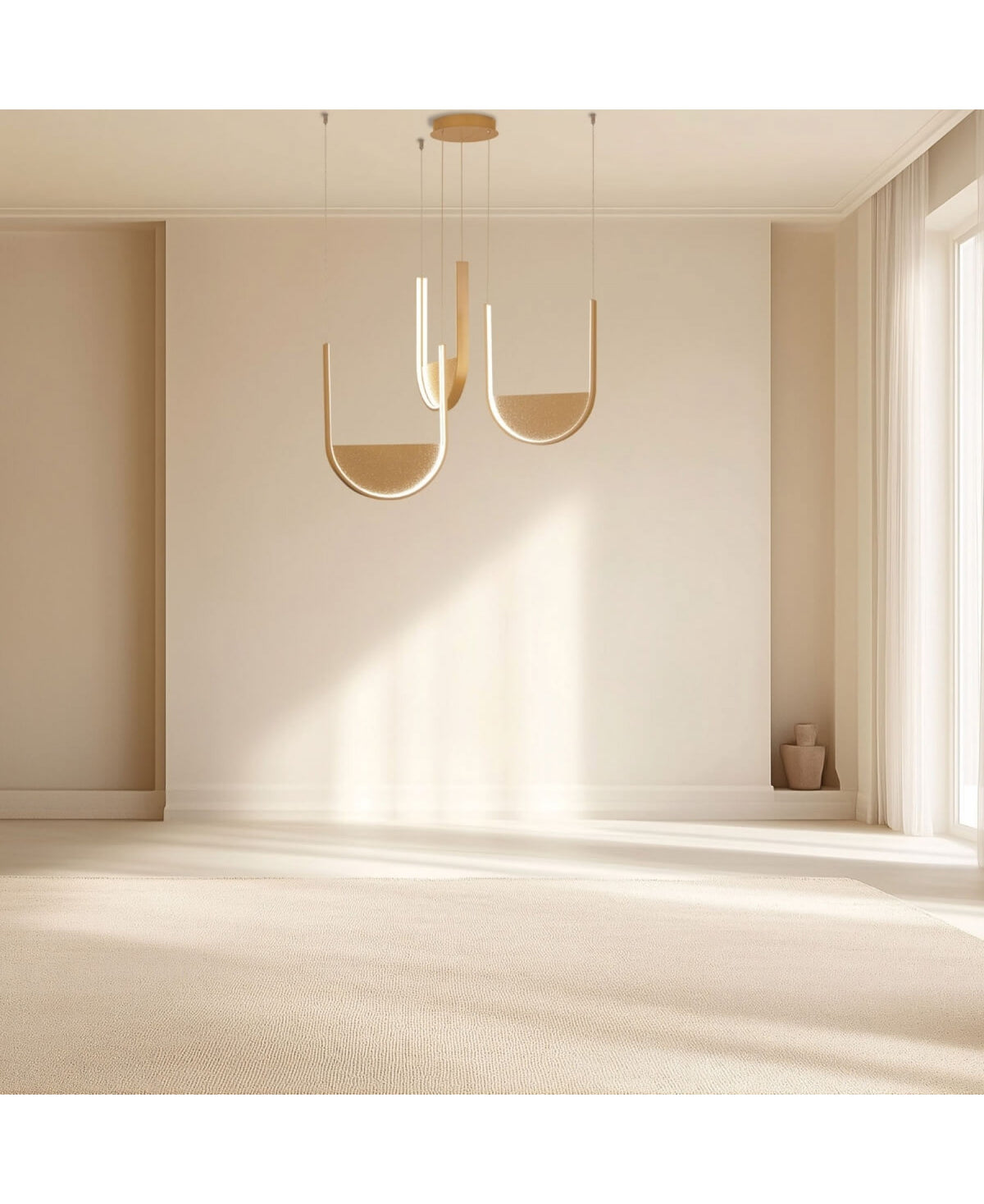 Plan large montrant la suspension dorée dans un intérieur minimaliste baigné de lumière rasante.
