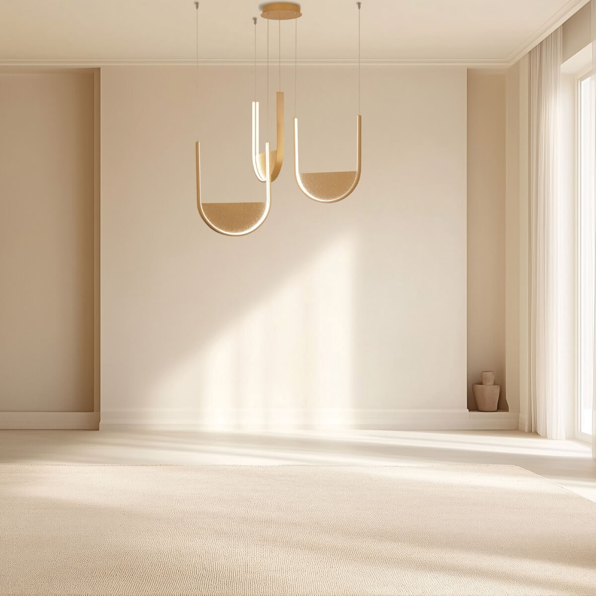 Gros plan sur le luminaire suspendu, lumière naturelle traversant la pièce aux tons sable.