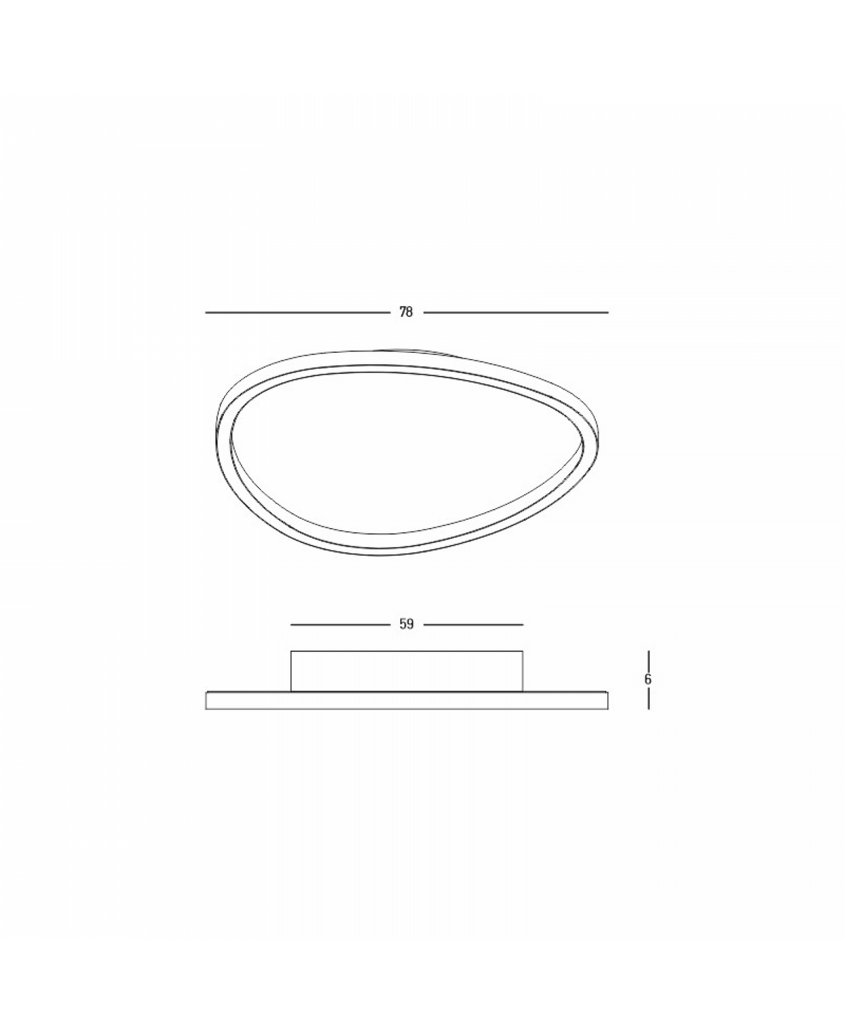 Schéma technique coté du plafonnier : largeur 78 cm, profondeur 59 cm, hauteur 6 cm.