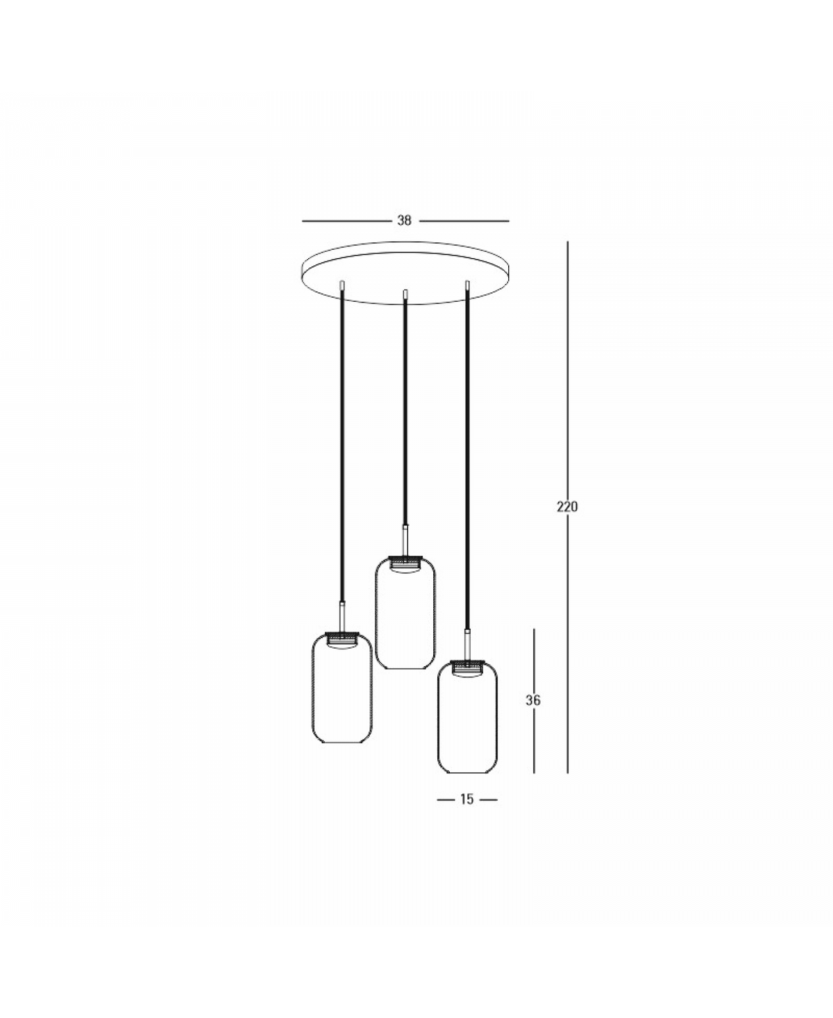 Schéma technique coté du luminaire avec dimensions du plateau et des suspensions.