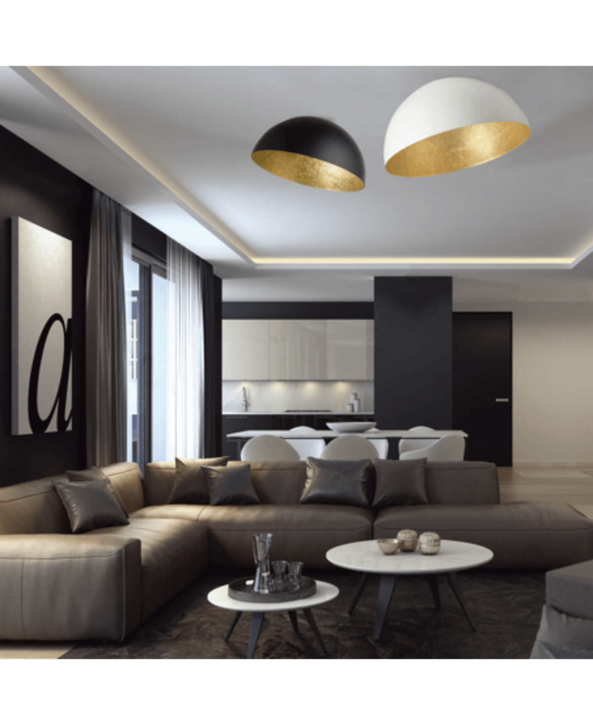 Vue large du salon et de la cuisine équipée sous les luminaires noirs et blancs