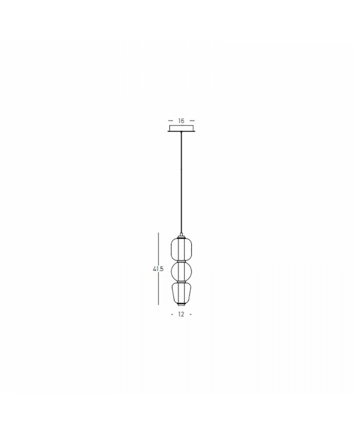 Schéma technique coté du luminaire suspendu avec hauteur et diamètre indiqués.