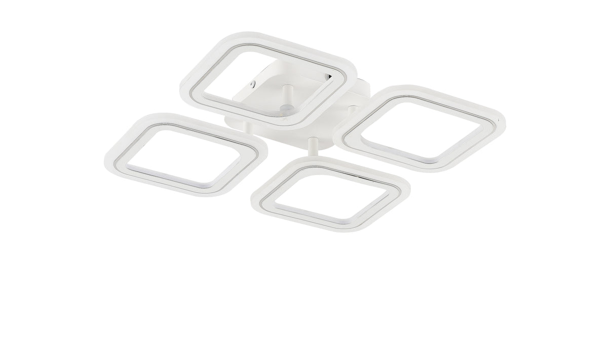 Vue de face du plafonnier blanc à quatre carrés lumineux chromés fixés sur bras