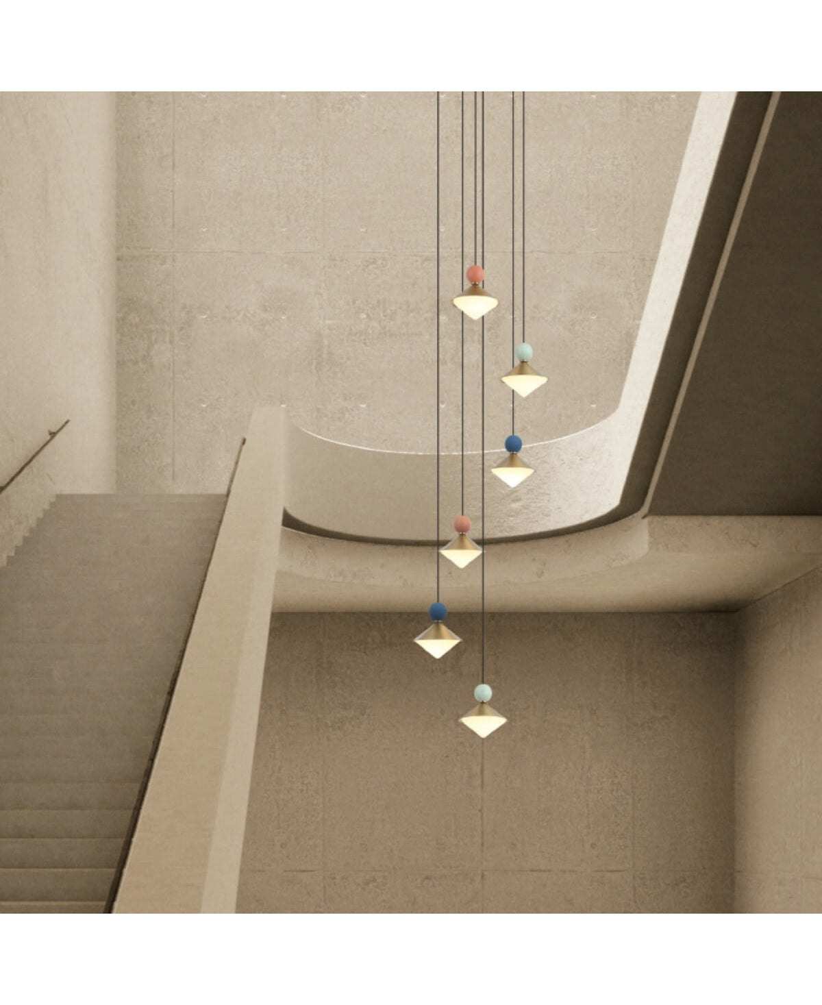 Éclairage allumé des pendants colorés depuis le bas d'un escalier en béton