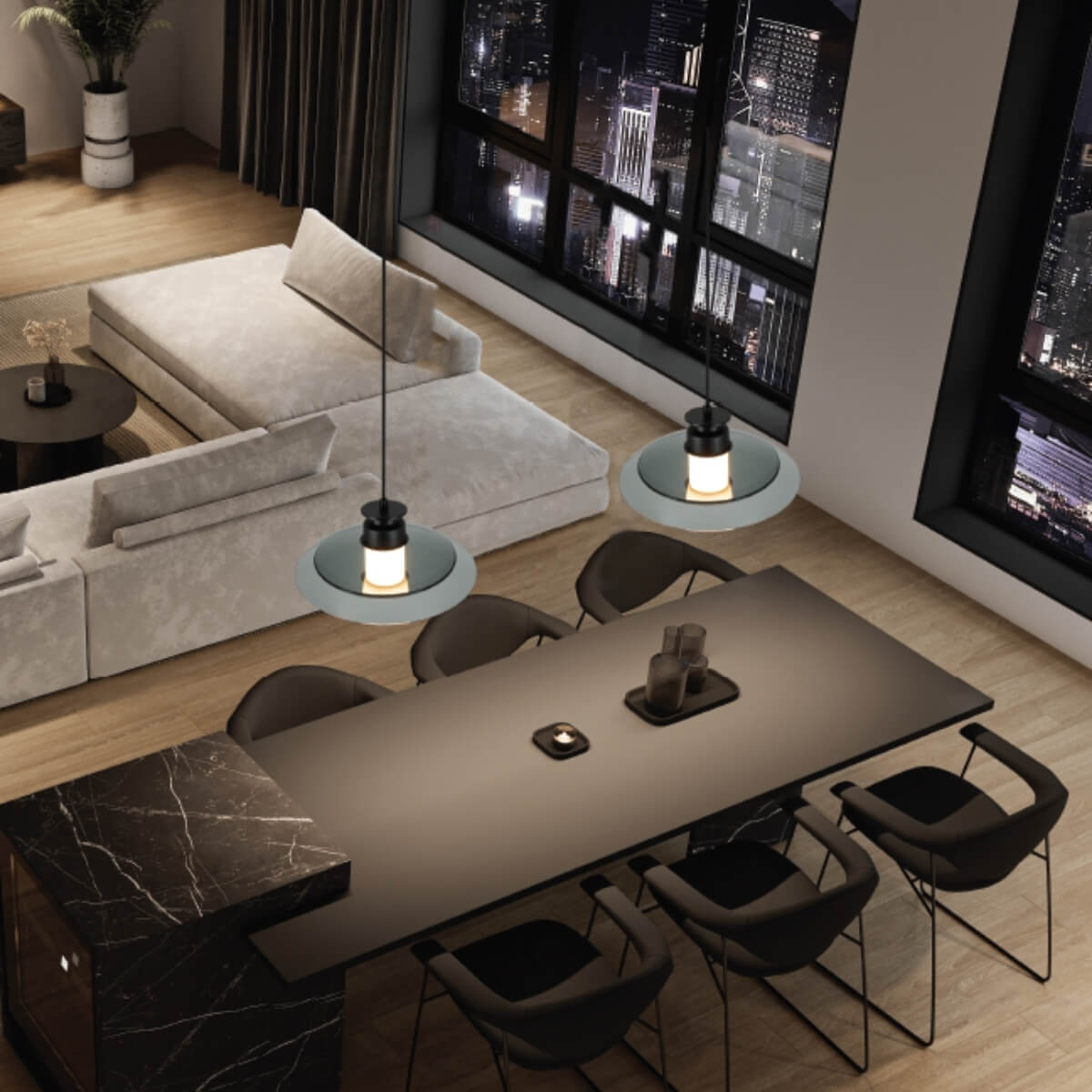 Mise en ambiance dans un séjour contemporain avec vue nocturne sur la ville.