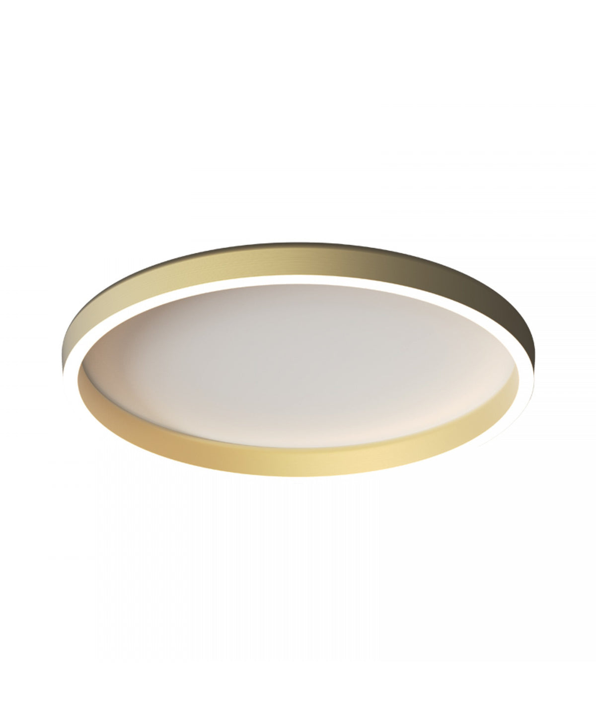 Luminaire circulaire présenté en perspective, montrant l'épaisseur fine et le contour doré.