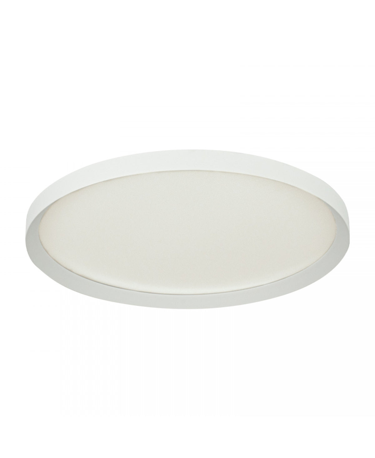 Vue en perspective du plafonnier rond, cerclage blanc et vasque lumineuse centrale