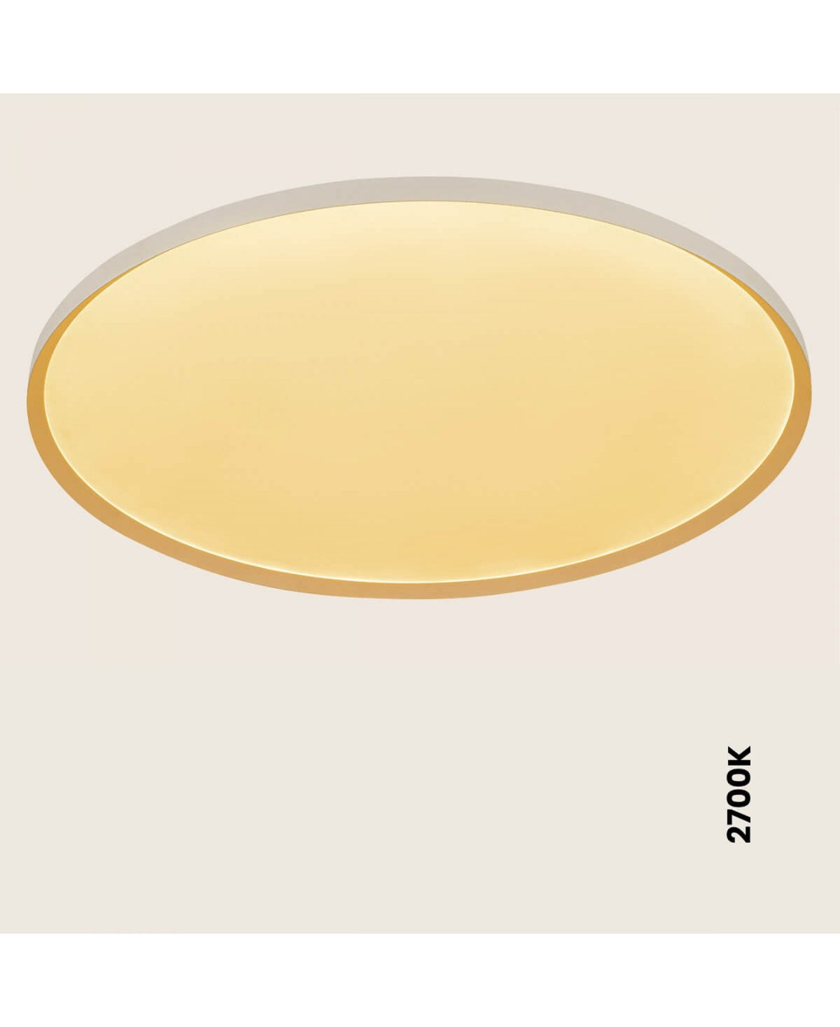 Plafonnier allumé en lumière chaude 2700K, halo doré sur le diffuseur opalin