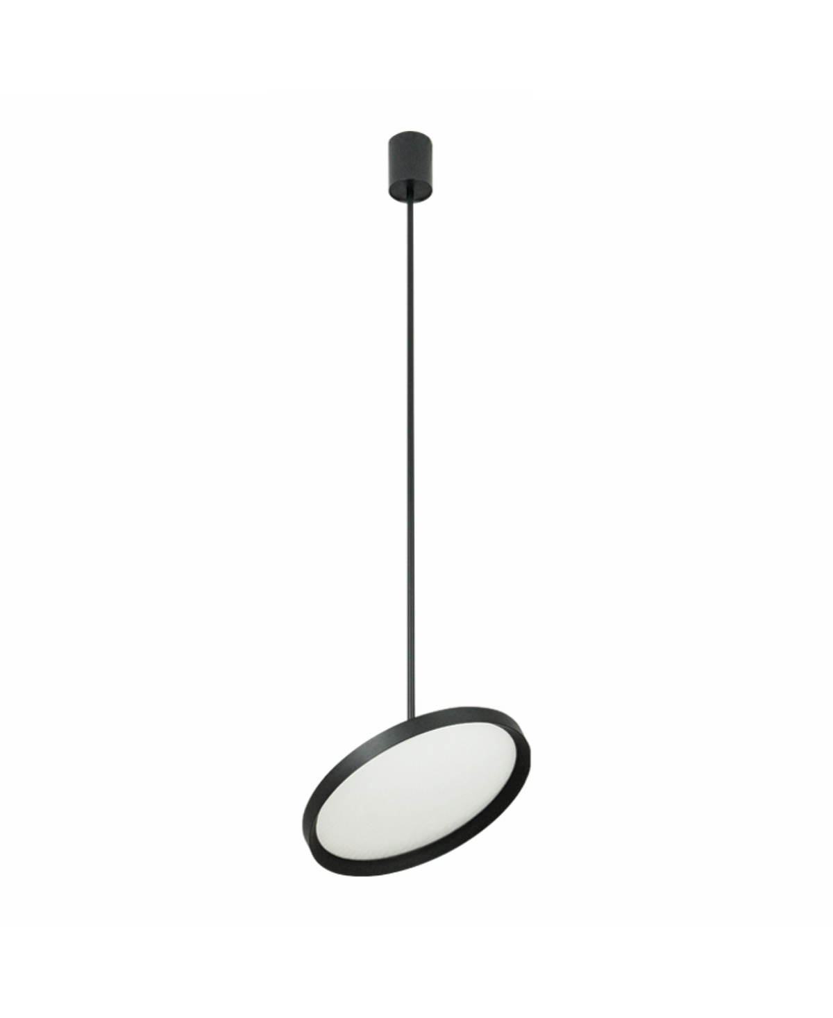 Suspension seule sur fond blanc, cerclage noir et diffuseur opalin