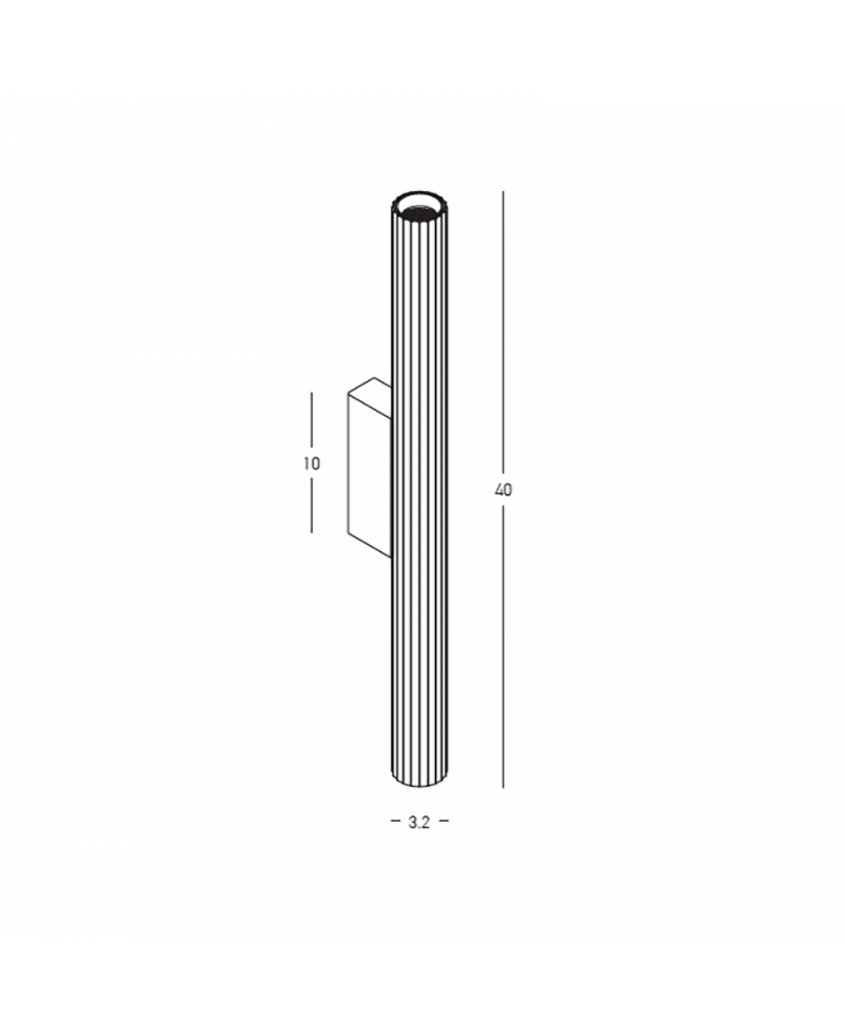 Schéma technique coté : hauteur totale 40 cm, support 10 cm, diamètre 3,2 cm.