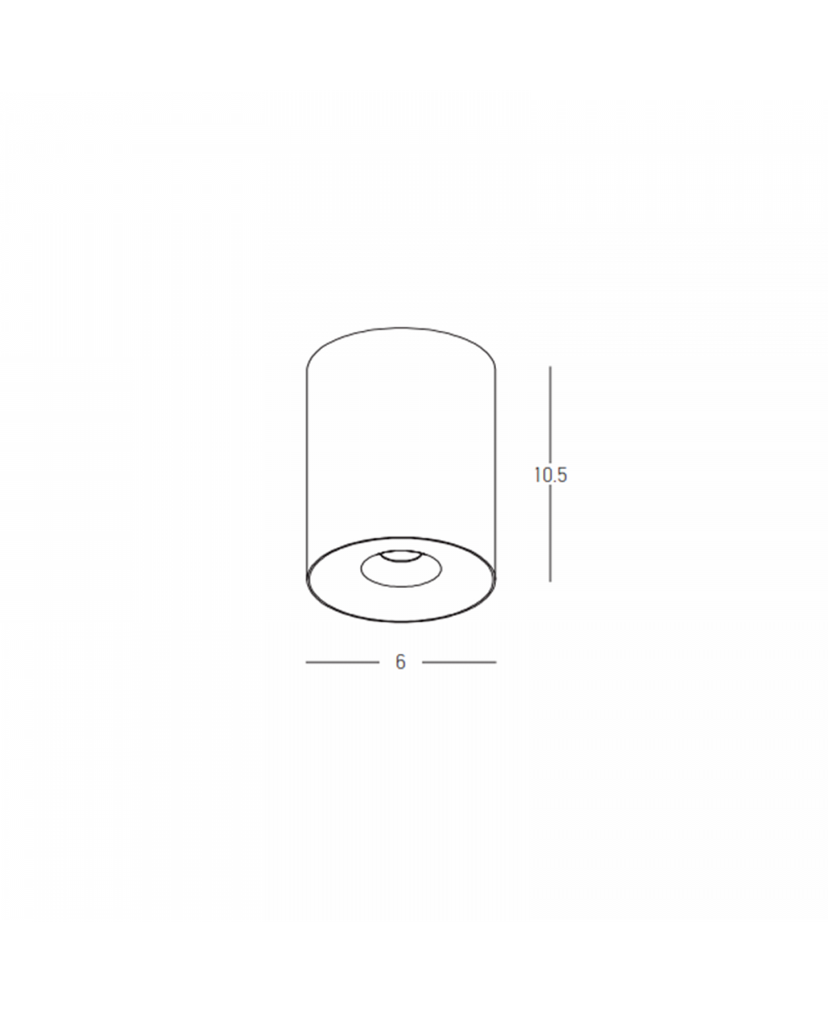 Schéma coté du luminaire indiquant 6 cm de diamètre et 10,5 cm de hauteur