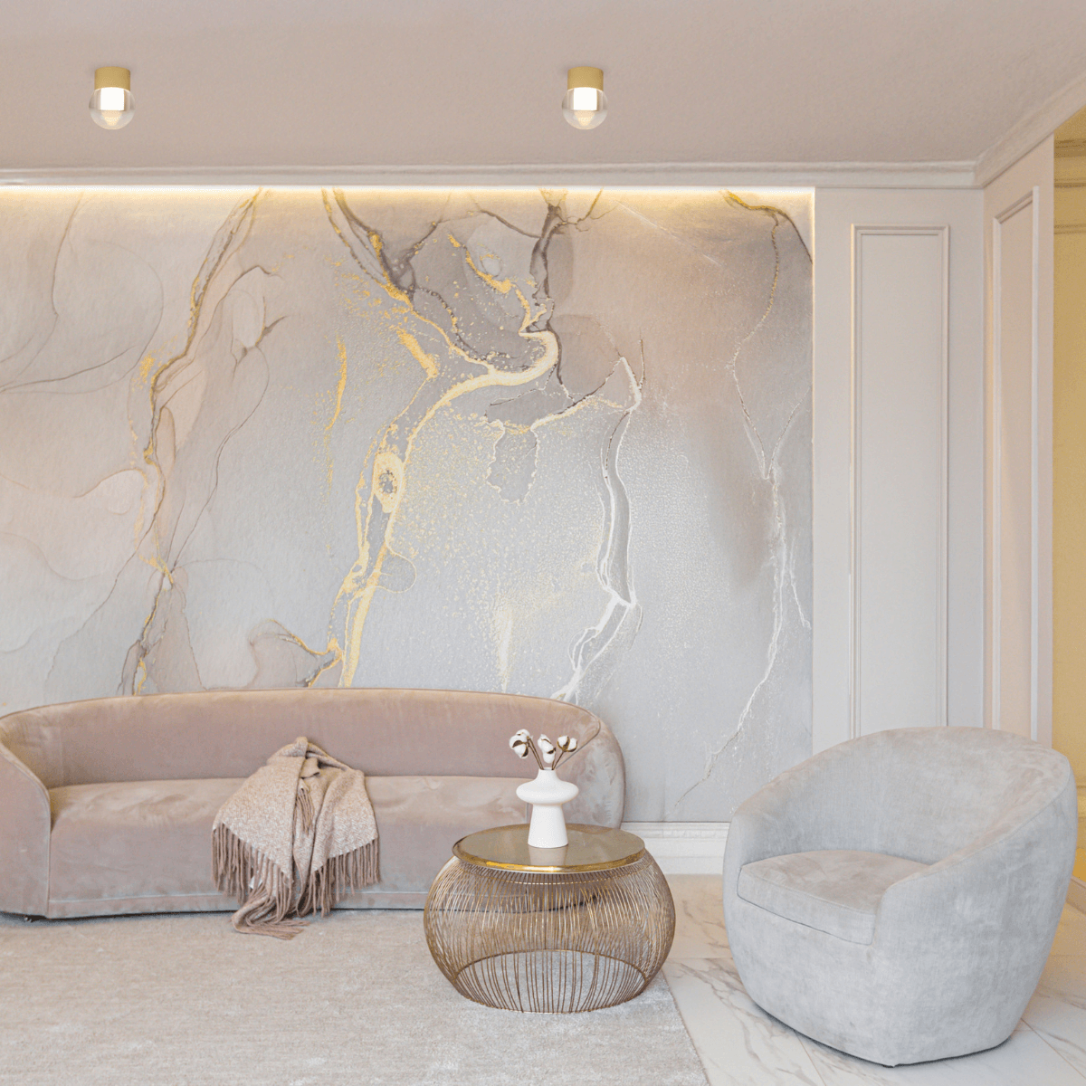 Vue d'ambiance d'un intérieur avec deux luminaires ronds dorés fixés au plafond
