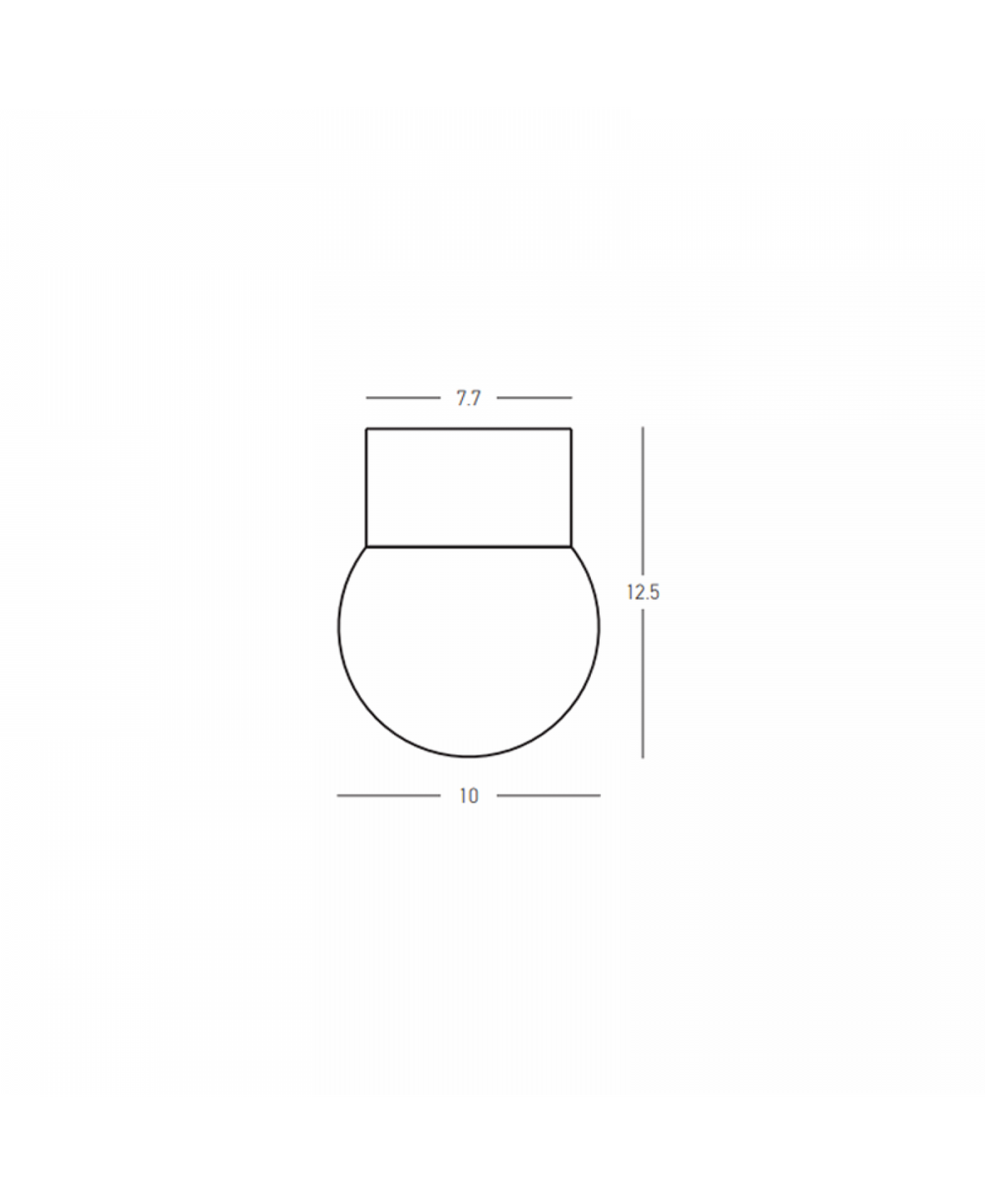 Schéma coté du plafonnier avec dimensions : largeur 10, hauteur 12,5 et base 7,7 cm