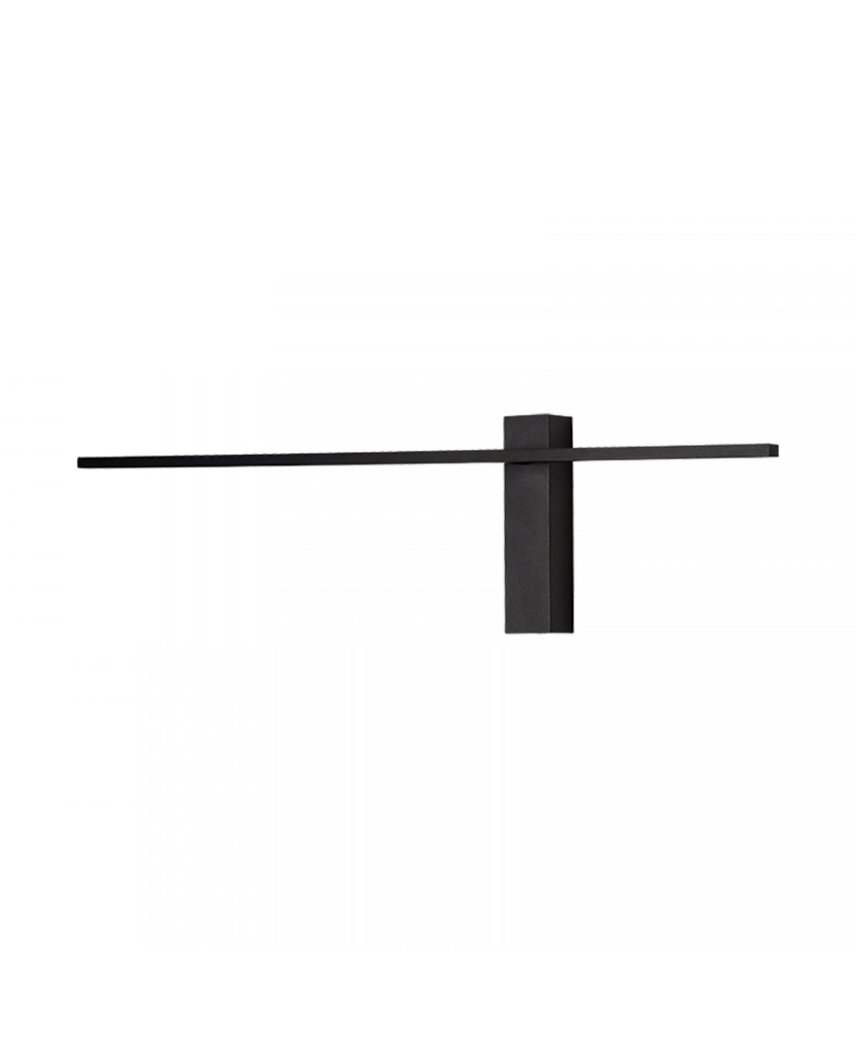 Détail du luminaire sur fond blanc, socle vertical et bras fin noir mat