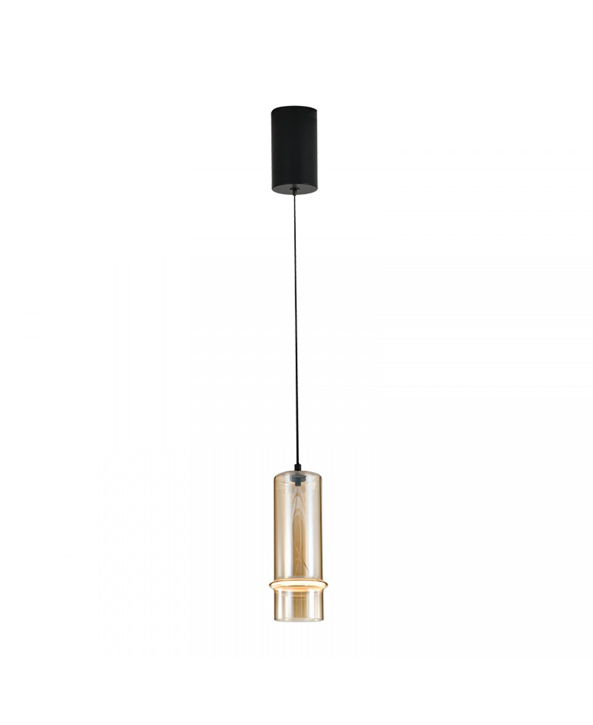 Suspension cylindrique ambrée présentée à la verticale, éclairage diffus