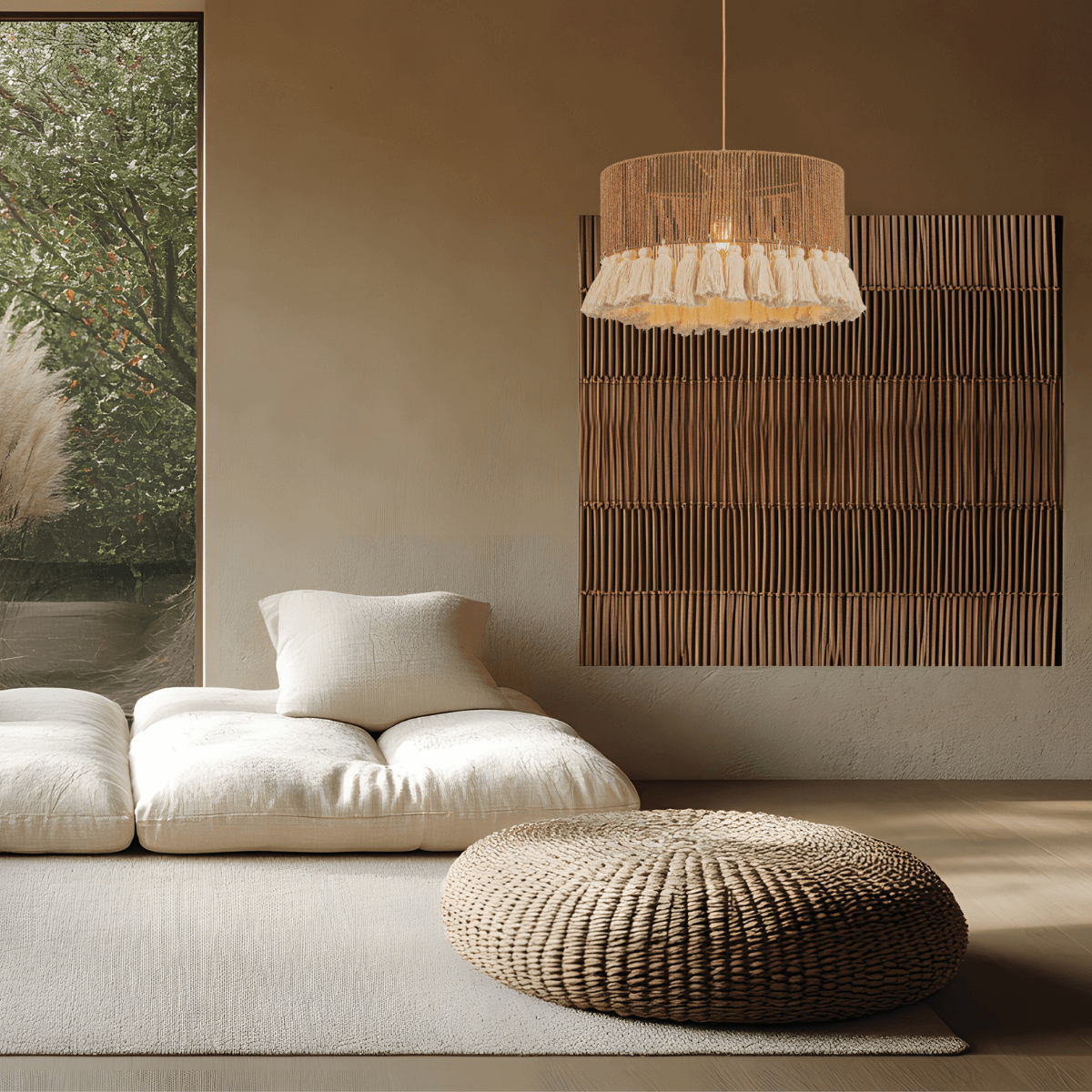 Luminaire allumé au-dessus d'un pouf tressé, panneau de bois en fond.