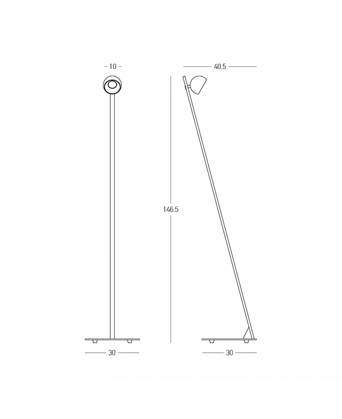 Schéma coté de face et de profil avec hauteur et dimensions du socle