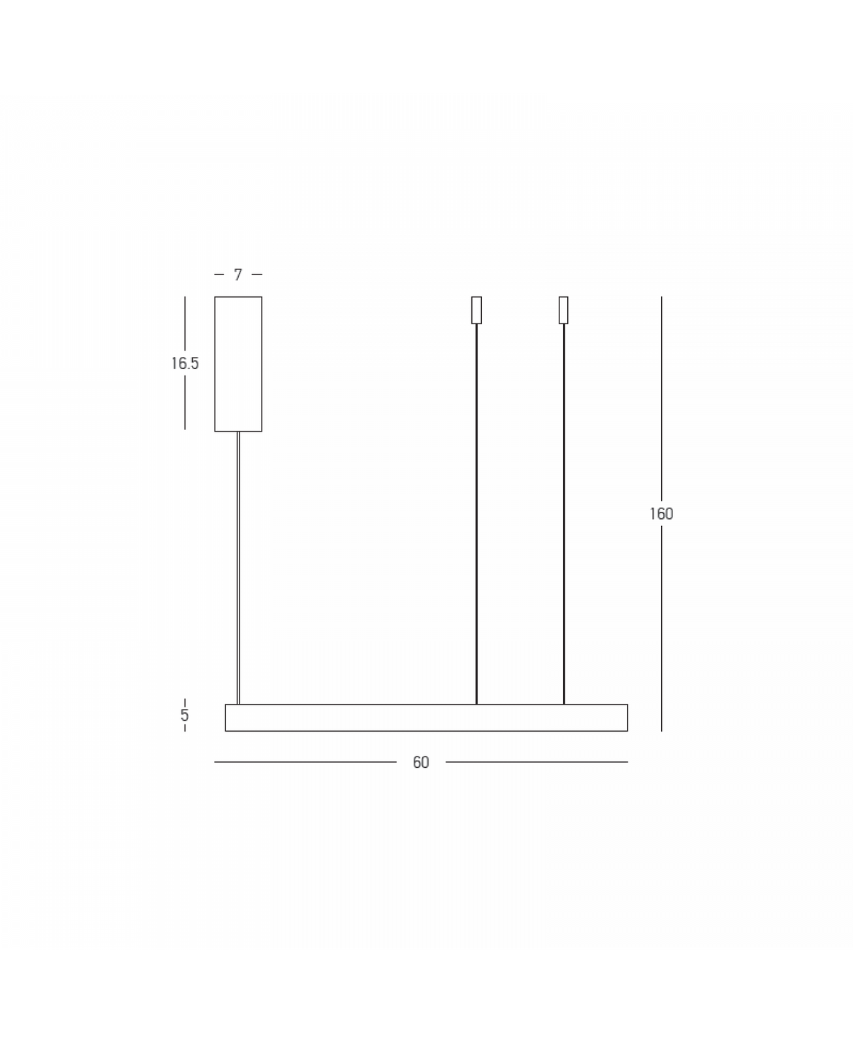 Schéma technique coté du luminaire : diamètre 60 cm, hauteur maximale 160 cm, socle 16,5 cm.