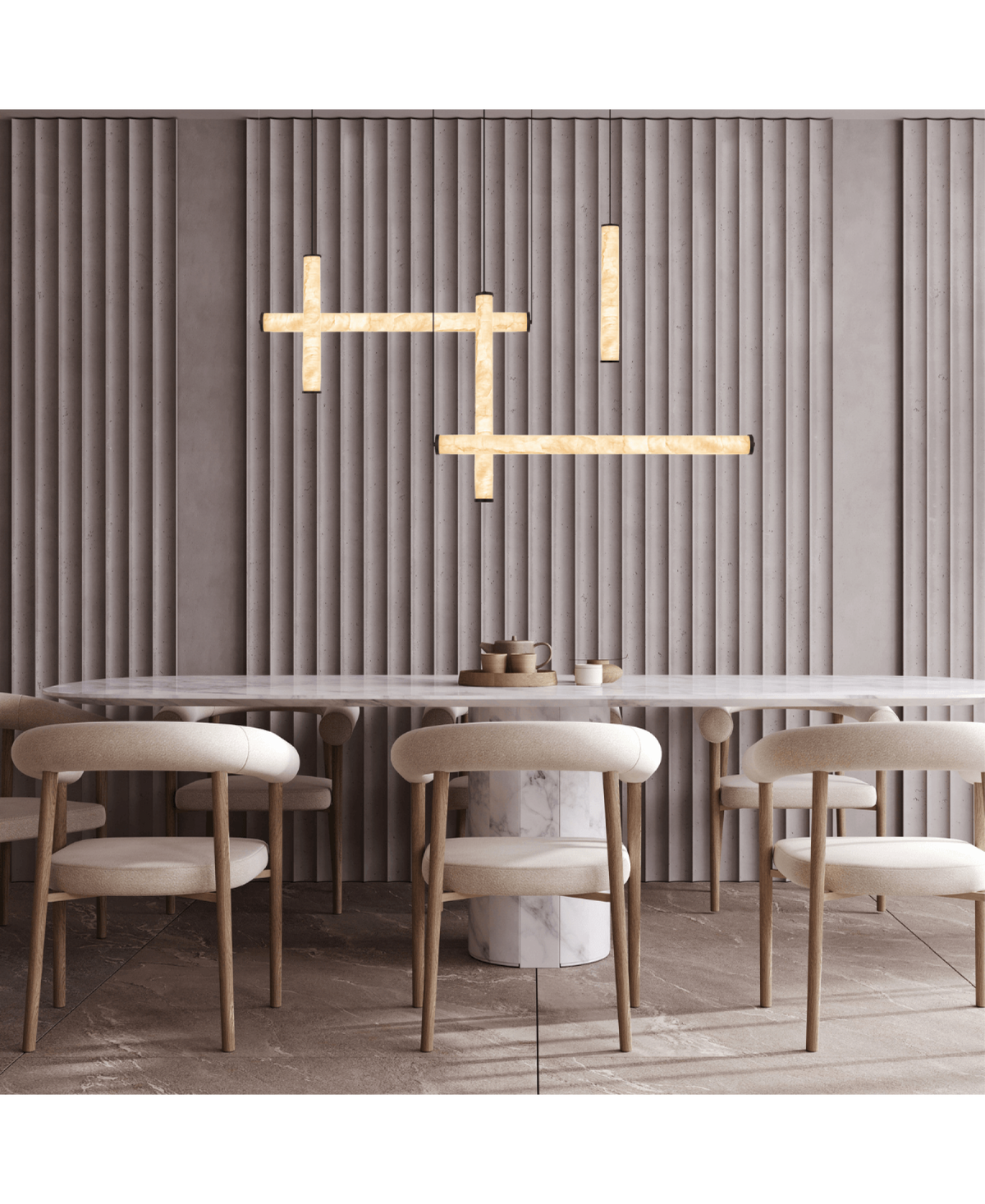 Mise en ambiance dans une salle à manger contemporaine aux tons beige et gris