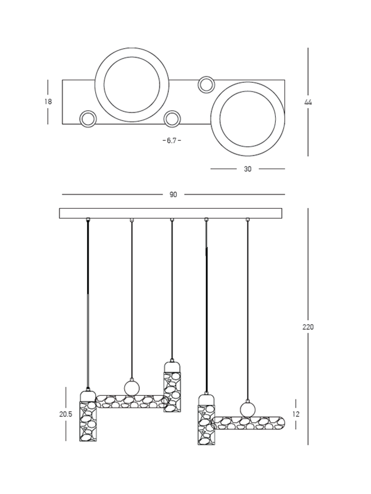 Schéma technique coté du luminaire avec dimensions et fixation