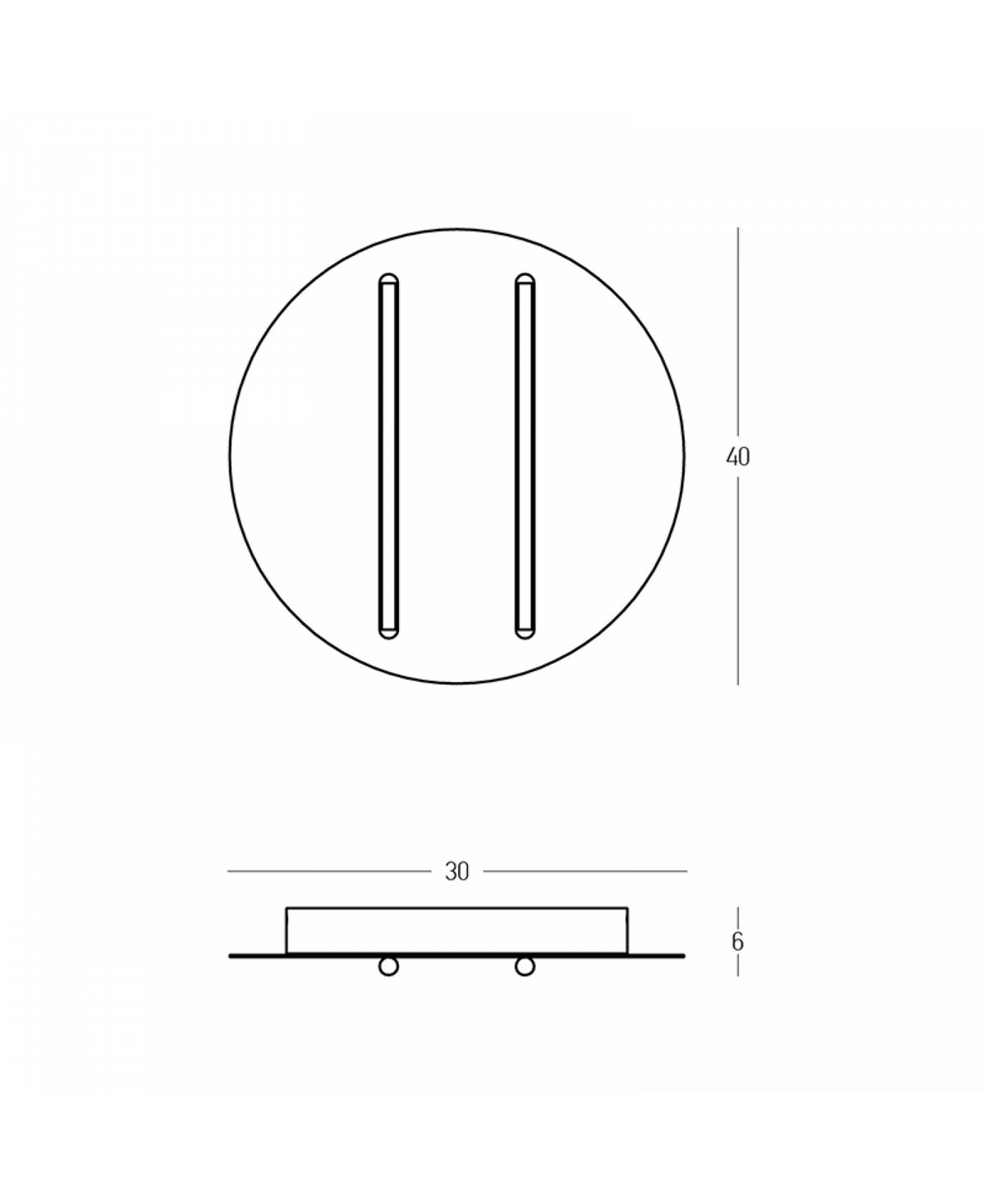 Schéma technique coté du plafonnier rond, diamètre quarante et épaisseur six centimètres