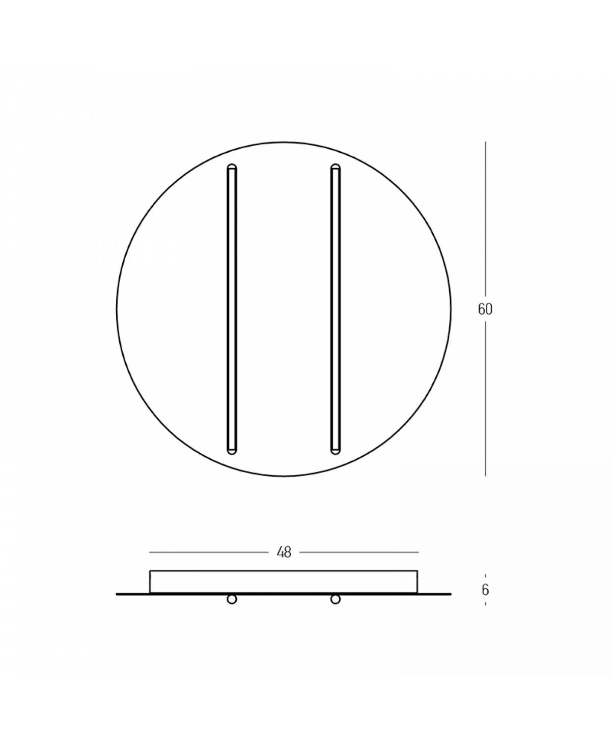 Schéma de dimensions du luminaire : diamètre 60 cm, largeur 48 cm, épaisseur 6 cm.