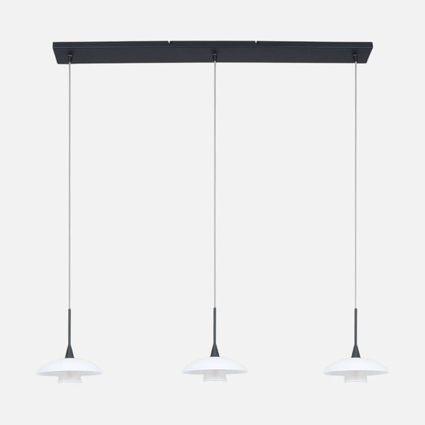 Suspension assiette noire 3 lampes, diffuseurs verre blanc | Tallerken