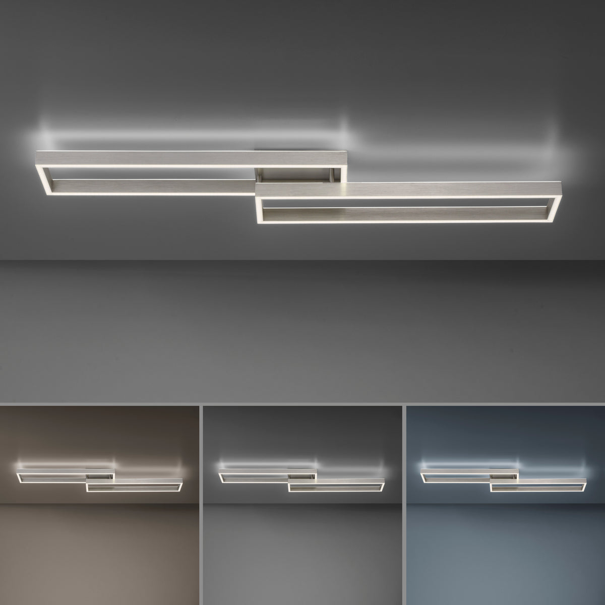 Simulation de trois températures de couleur sous le plafonnier, du blanc chaud au blanc froid