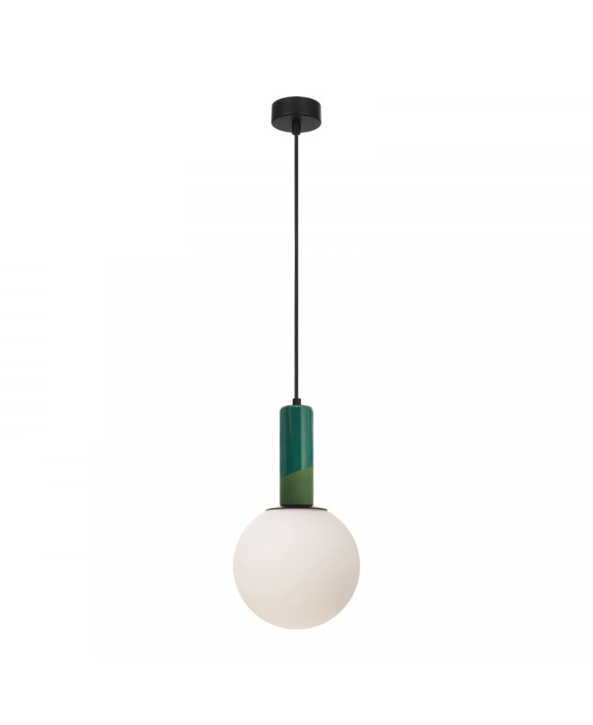 Suspension complète sur fond blanc avec câble noir et diffuseur en verre blanc.