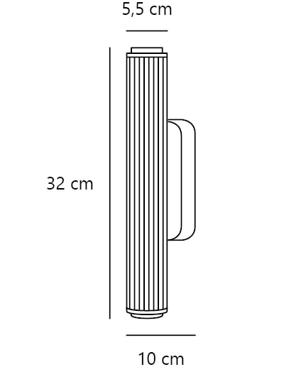 Schéma coté du luminaire : hauteur 32 cm, largeur 5,5 cm et profondeur 10 cm.