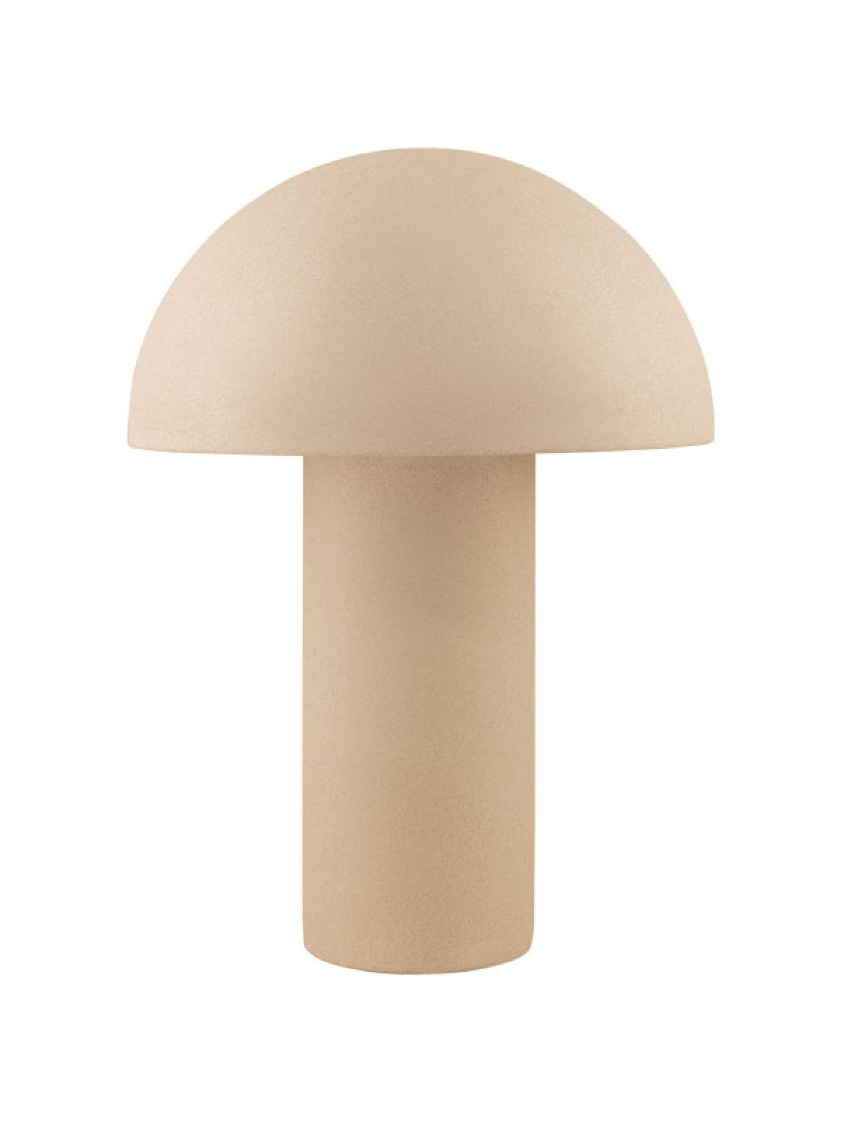 Produit de face sur fond blanc, abat-jour dôme et pied cylindrique en pierre beige