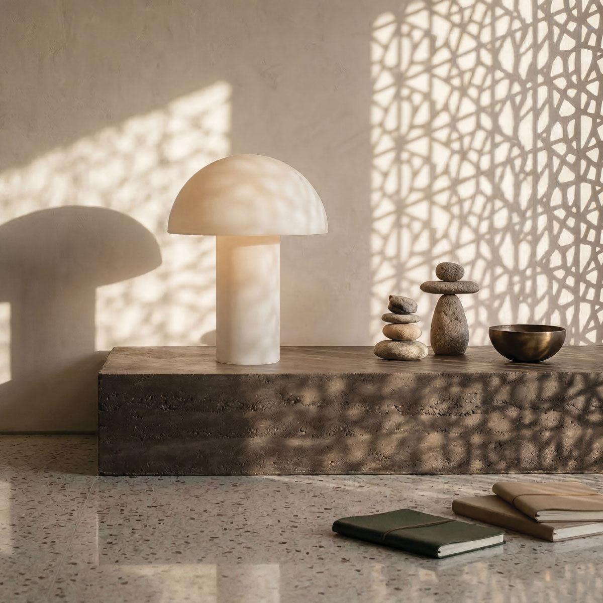 Lampe champignon blanche posée sur un socle en béton, ombres de feuillage au mur