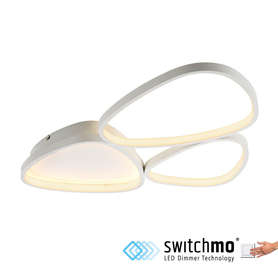 Vue du plafonnier avec logo Switchmo et main actionnant un variateur sur fond blanc.