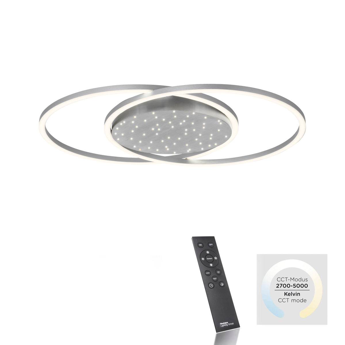 Vue du luminaire accompagné de sa télécommande et du repère 2700 à 5000 kelvins