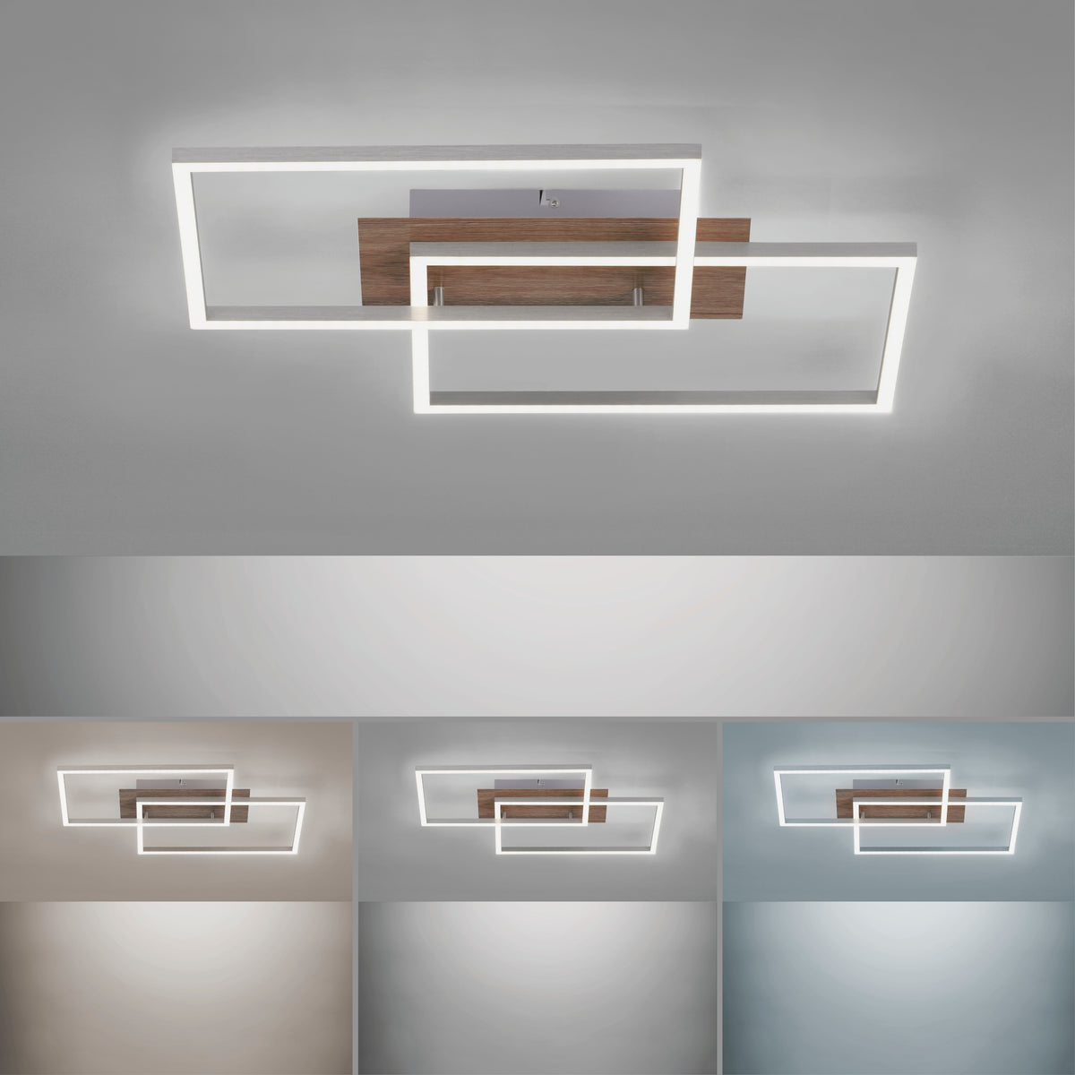 Planche comparative du plafonnier éclairé selon trois températures de couleur distinctes.