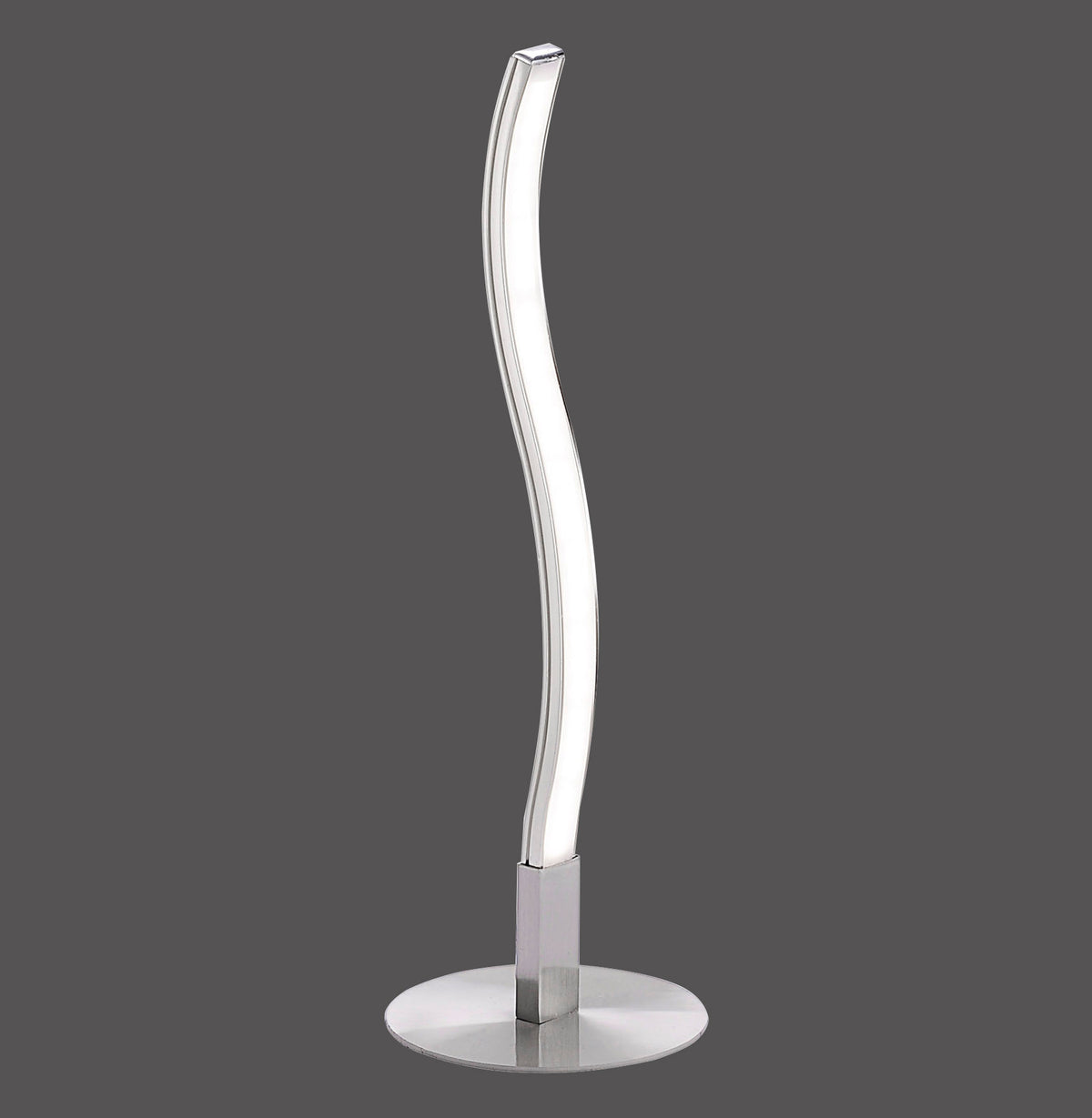 Lampe à poser Wave en acier avec tige ondulée et socle rond, fond gris.