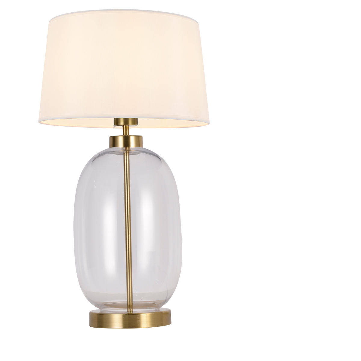 Lampe à poser de face avec abat-jour blanc et base en verre transparent doré