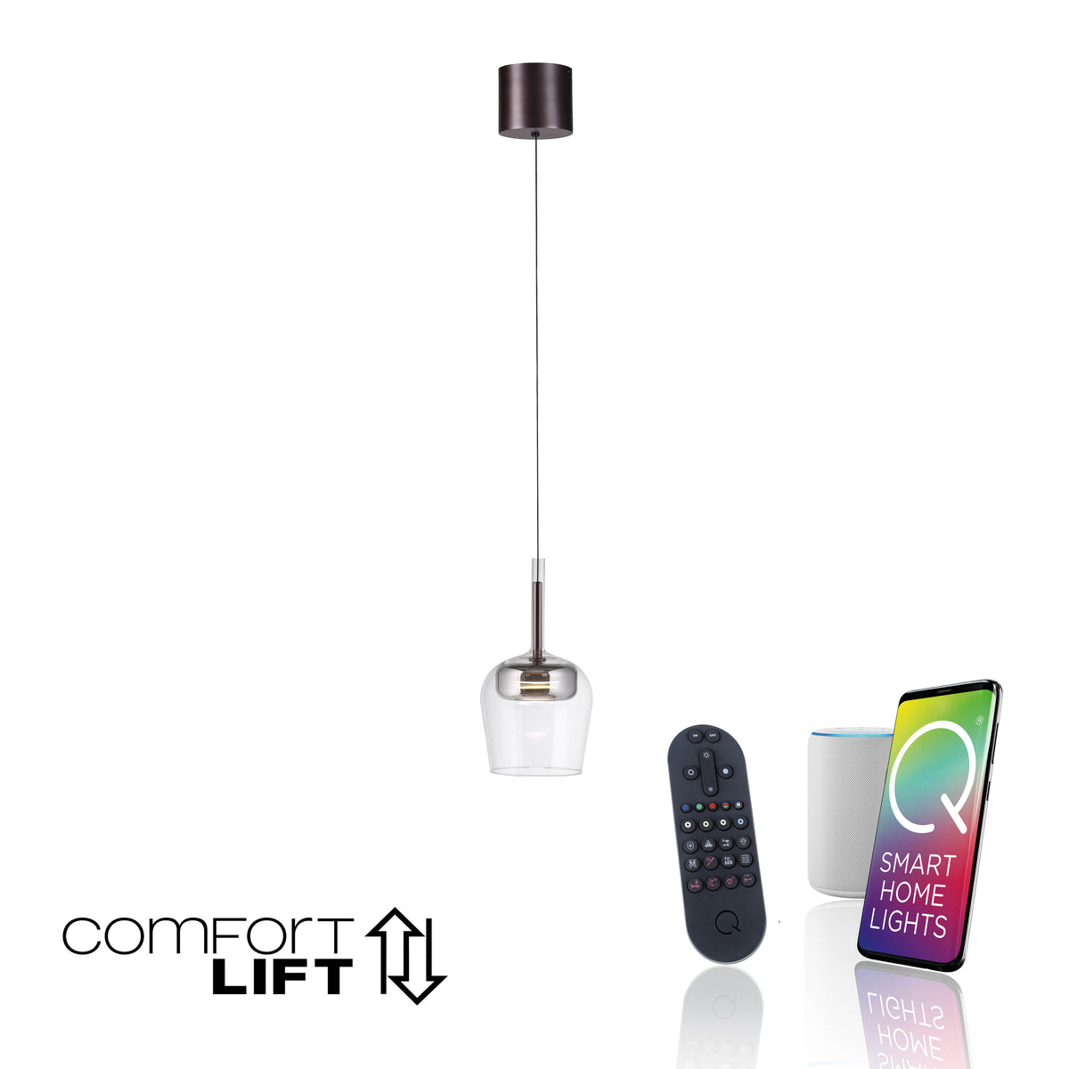 Vue d'ensemble avec télécommande, enceinte connectée et smartphone pour piloter l'éclairage.