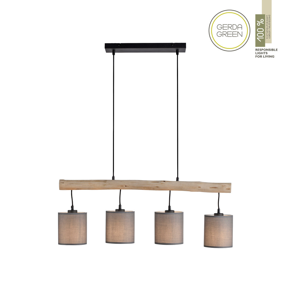 Même suspension avec logo écologique et mention 100 %, quatre luminaires suspendus à une branche.