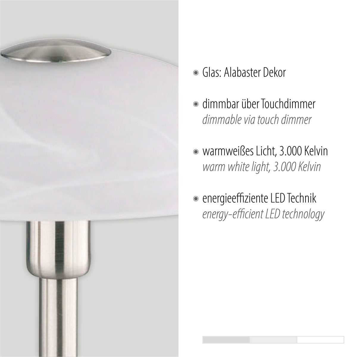 Détail rapproché du verre alabastre et liste des caractéristiques LED