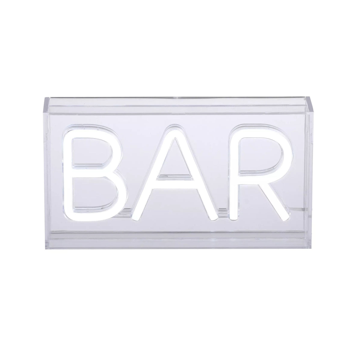 Luminaire néon blanc BAR dans un boîtier acrylique transparent, vue de face sur fond blanc